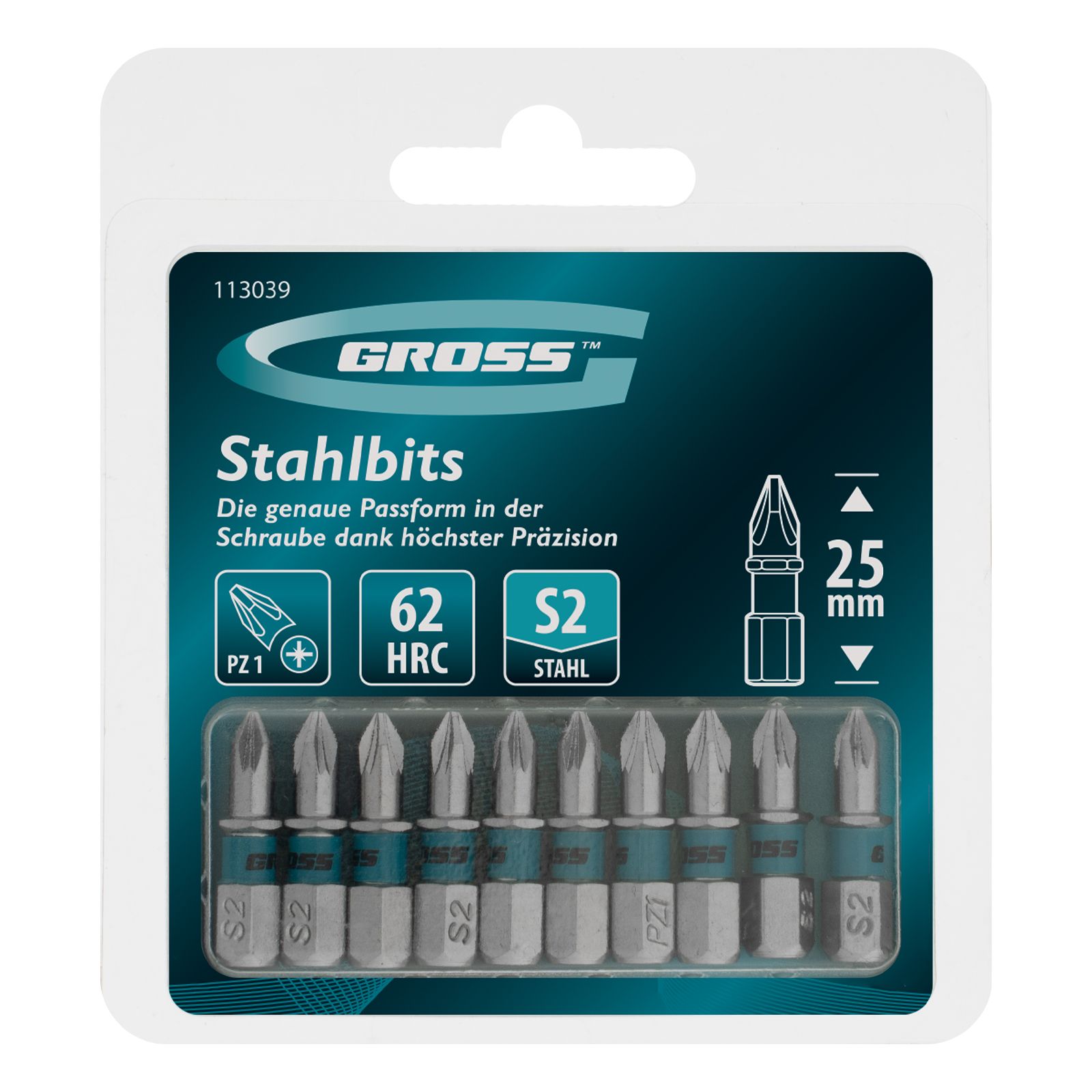 Бита PZ1х25мм, сталь S2, шестигр., 10 шт. Gross 