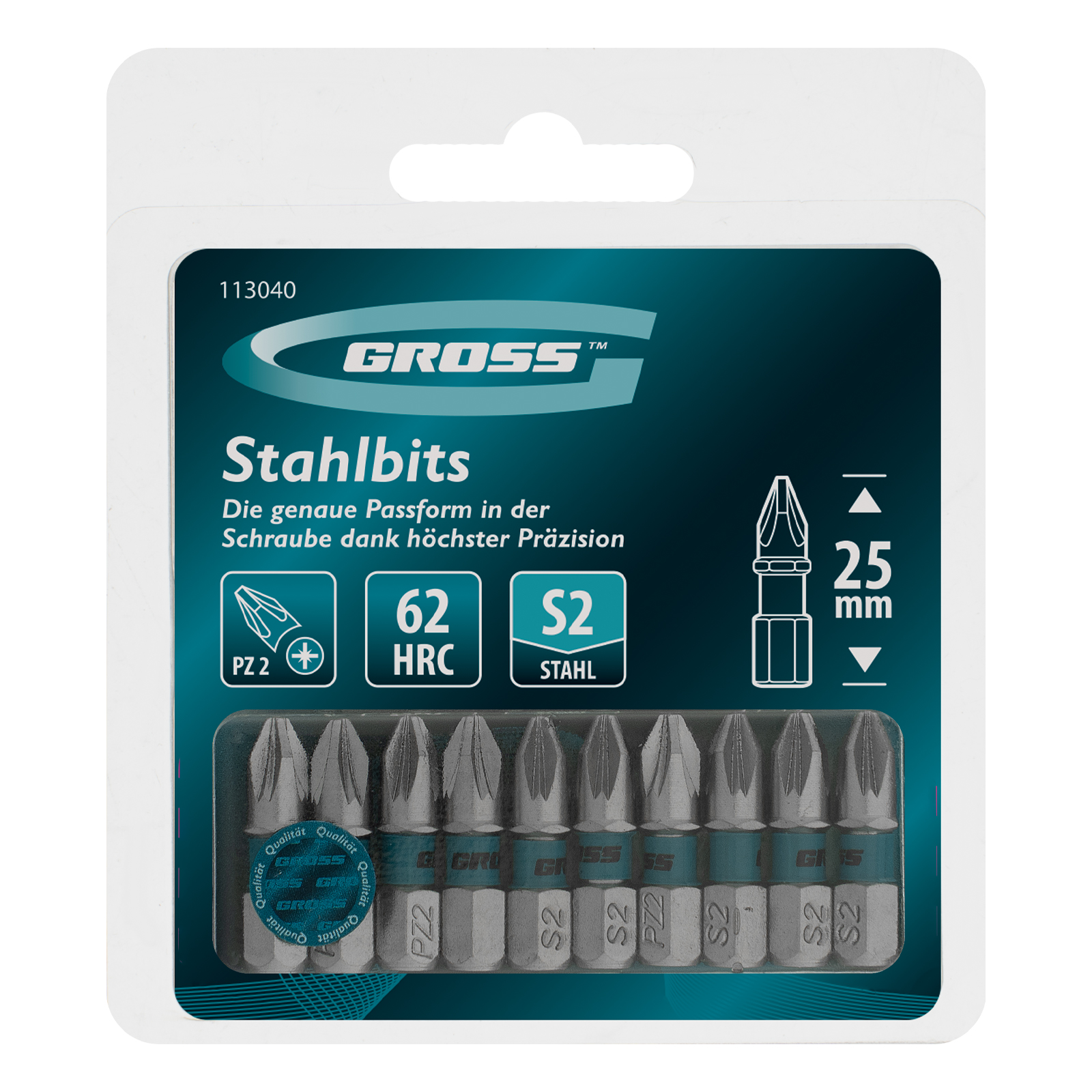 Бита PZ2х25мм, сталь S2, шестигр., 10 шт. Gross 