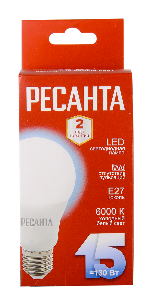 Лампа светодиодная Ресанта LL-R-A65-15W-230-6K-E27 