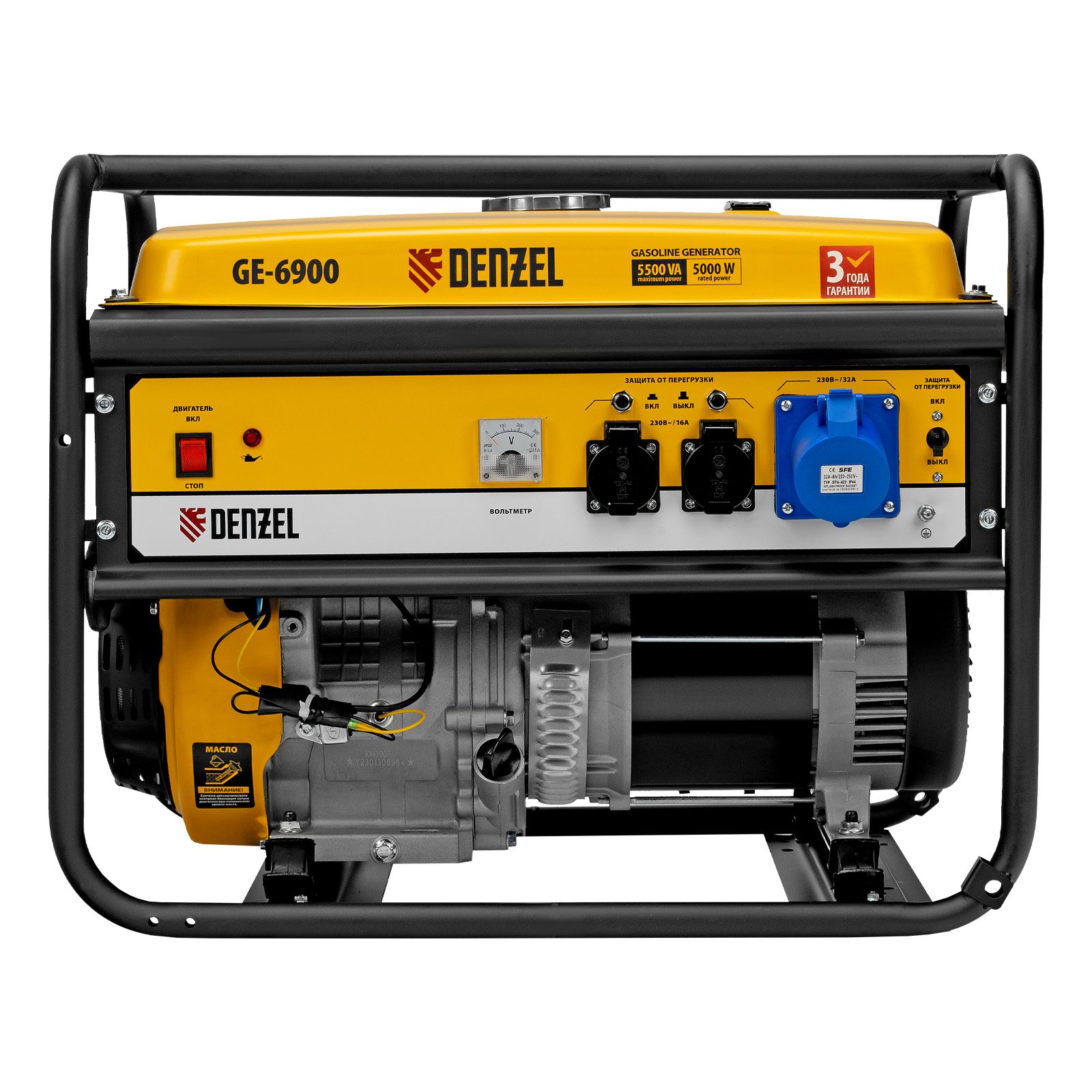 Генератор бензиновый GE 6900, 5.5 кВт, 220 В/50 Гц, 25 л, ручной старт Denzel 