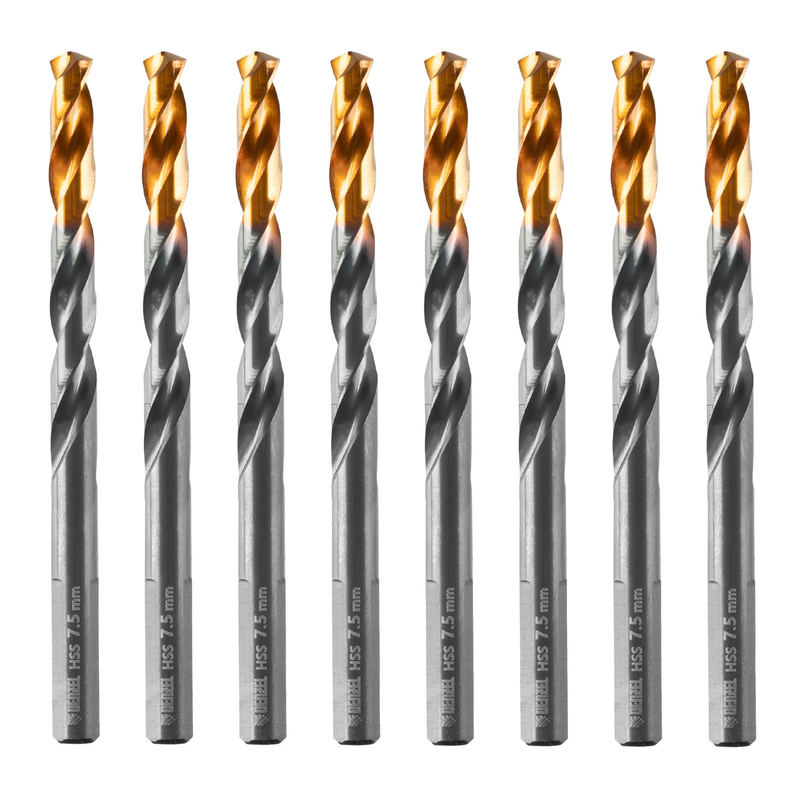 Сверло по металлу, 7,5 мм, HSS-Tin, Golden Tip, 8 шт. Denzel 