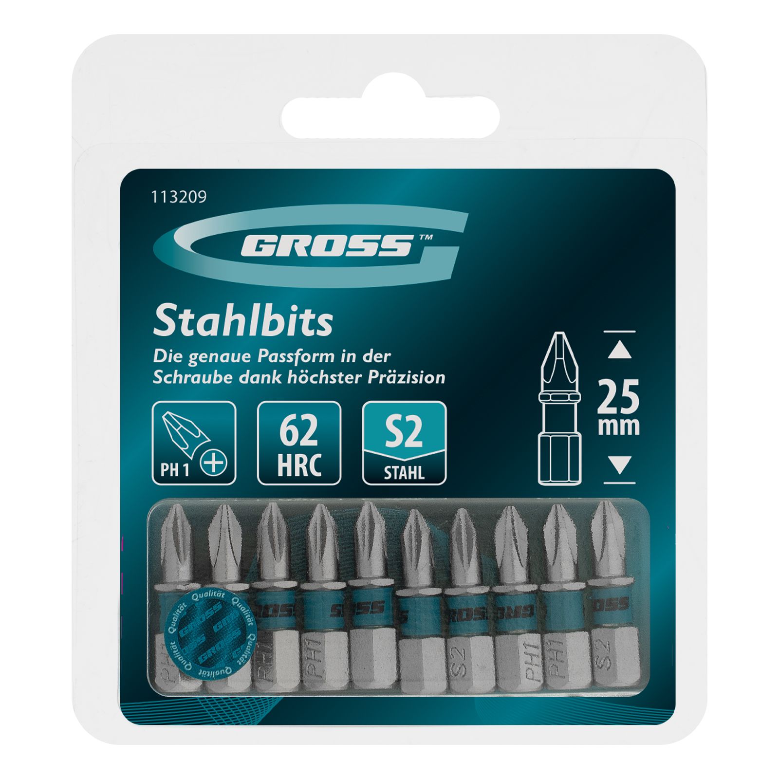 Бита PH1х25мм, сталь S2, шестигр., 10 шт. Gross 