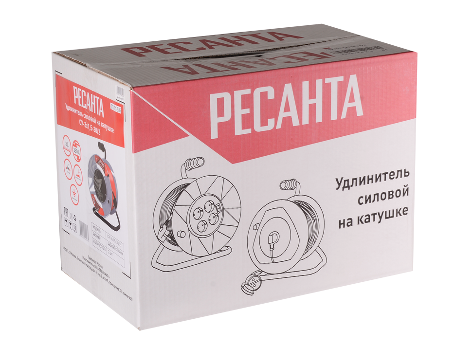 Удлинитель силовой на катушке Ресанта СУ-3х1,5-30/2 (с выкл., 4 розетки) 