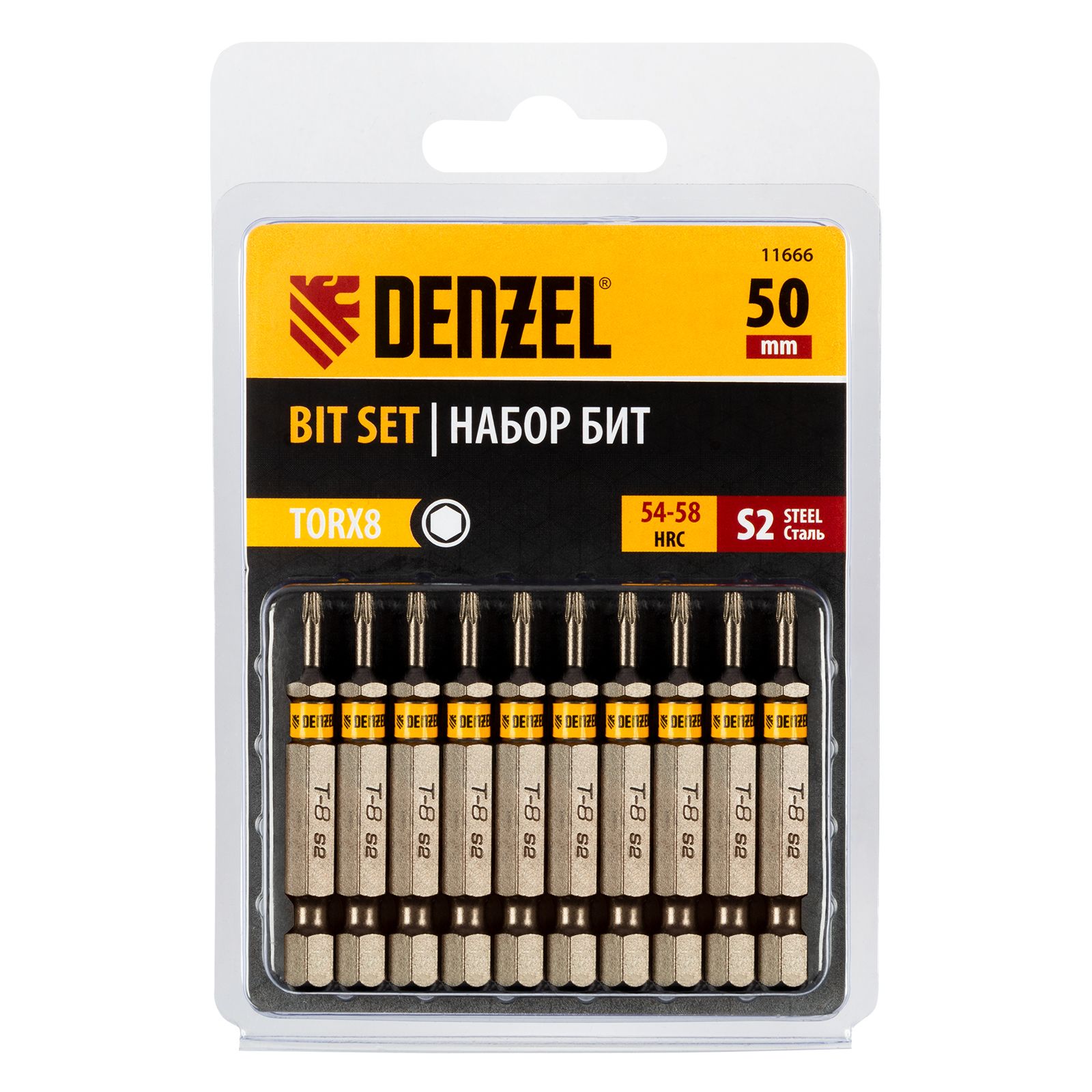 Бита TX 8х50, сталь S2, шестигранный профиль, 10 шт. Е 6,3 Denzel 
