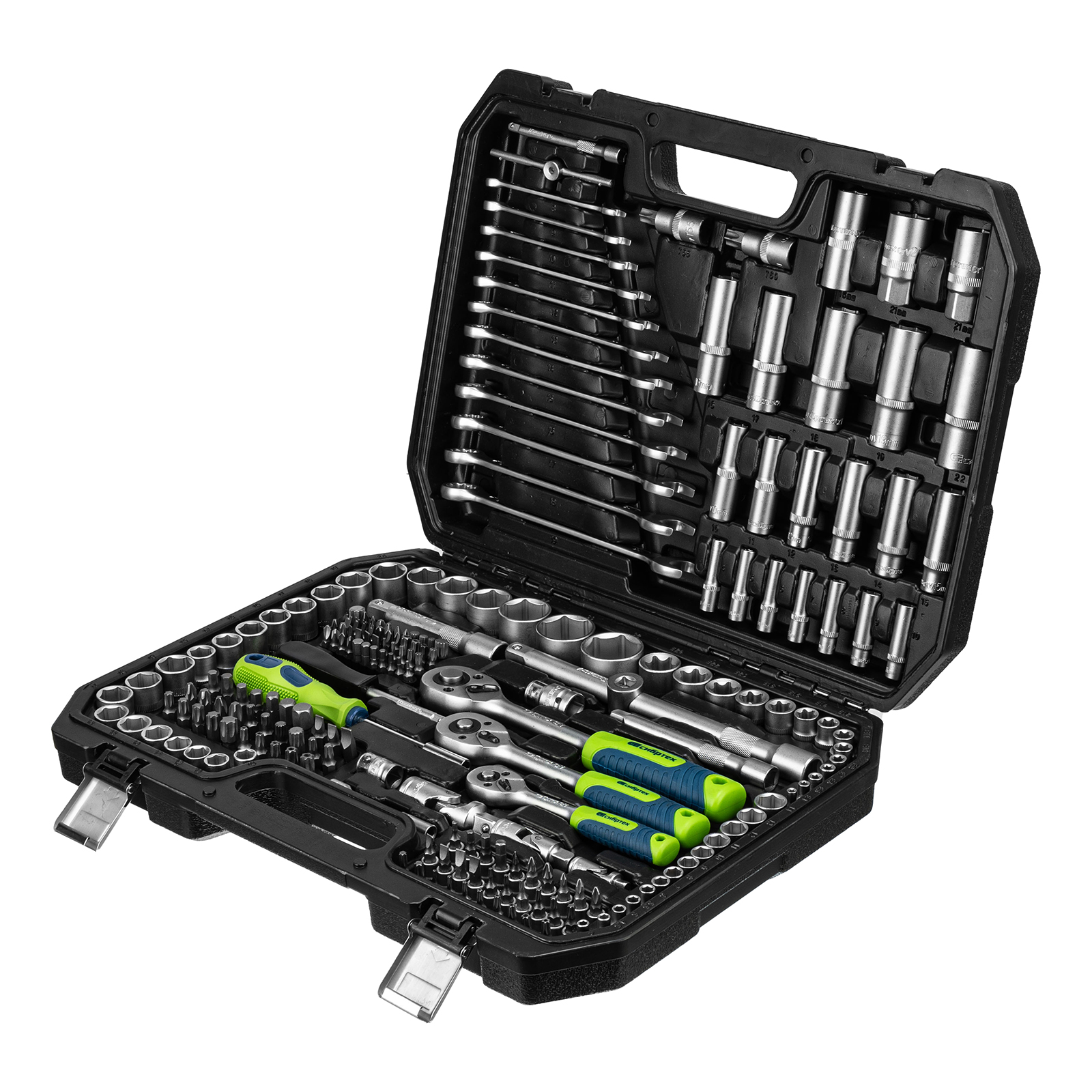 Набор инструментов, 1/2", 3/8", 1/4", пластиковый кейс 215 предм. Сибртех 