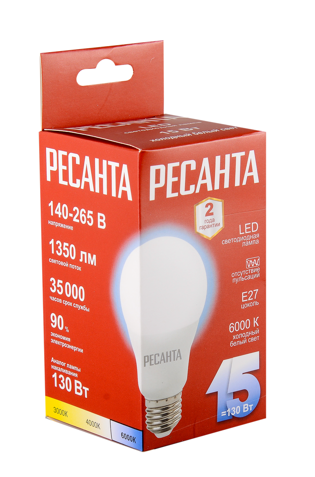 Лампа светодиодная Ресанта LL-R-A65-15W-230-6K-E27 